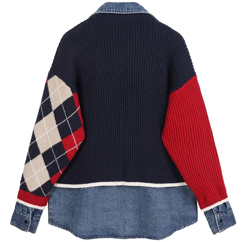 

Новая весенняя женская джинсовая куртка из двух частей, дизайнерское вязаное сращенное пальто из коровьей ткани, модная свободная клетчатая куртка смешанных цветов