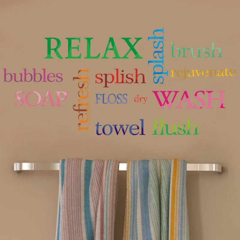 

Colorful Text RELAX WASH BRUSH FLUSH REFRESH Wall Stickers for Bathroom Wash Room Toilet Shower Room Home Decor