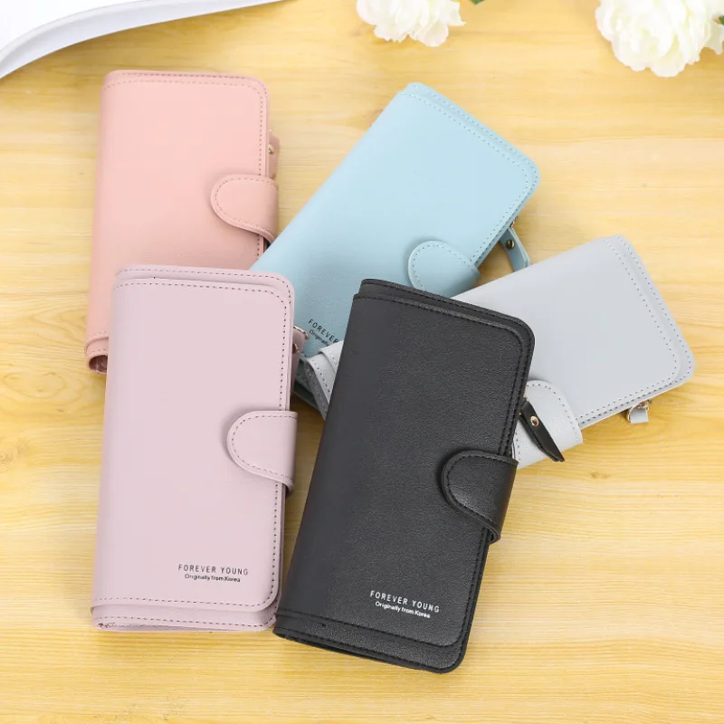 

2019 New Fashion Cute Wallet Women Large Capacity PU Solid Color Zipper Buckle Womens Wallets and Purses Bts Multicolor