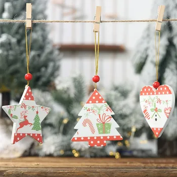 

Cute New Wood Printed Christmas Tree Drop Ornaments Holiday Decorations