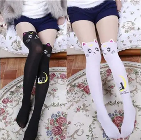 Аниме Sailor Moon Cosplay calcetines disfraz mujer Luna gato pantimedias de seda mallas medias negro blanco lindo ves|Колготки| |
