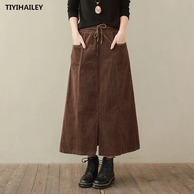 

TIYIHAILEY Free Shipping Fashion Long Mid-calf A-line Skirts For Women Elastic Waist Autumn Corduroy Winter Black And Brown Slit