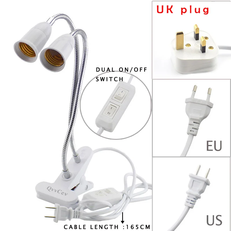 2 switch EU plug 2 головки, ЕС, США, Великобритания, E27, гибкая лампа, база, AC мощность, вилки, держатель, настольная клипса, розетка для книжной комнаты, дома, в помещении, Ночной светильник, светильник для выращивания s - Цвет: 2 switch EU plug