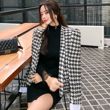 

Autumn Double Breasted V-Neck Women's Top Outwear Plaid Slim Wool Blend Casual Blazer Coats