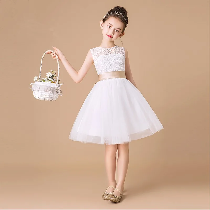 Белое кружевное платье для девочек вечерние платье с открытой спиной, с бантом, платье для первого причастия, платье для торжеств для девочек, платье принцессы платье с цветочным узором для девочек для свадебного торжества