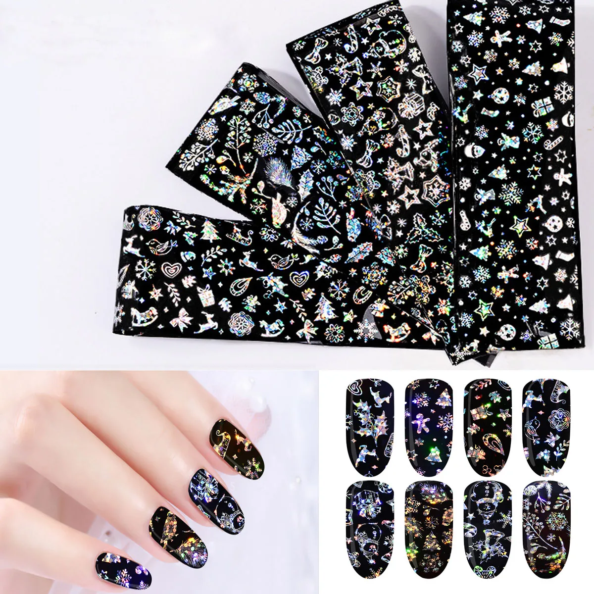 

4pcs Laser Christmas Nail Foil Snowflake Transfer Nail Art Sticker Tips Starry Sky Decals Aurora Manicure DIY Sticker Design