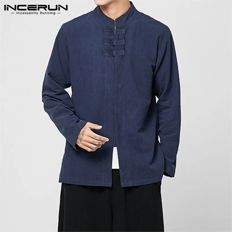 Koop Katoen Linnen Shirt Mannen Stand Kraag 2019 Lange Mouwen Effen Chinese Stijl Shirts Knop Merk Vintage Casual Camisa S 3XL INCERUN