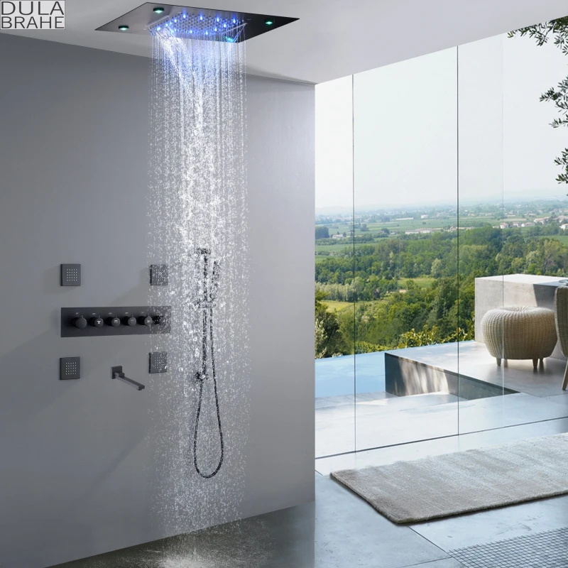 Waterfall Thermostatic LED Rain Shower System 14 X 20 Inch Rectangle Luxury Ceil Mounted Shower Head Bathroom Mixer Faucet Set