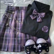 Conjunto de tres piezas de Harajuku japonés para mujer, minifalda a cuadros, uniformes escolares, falda acampanada, cintura alta dulce, trajes kawaii