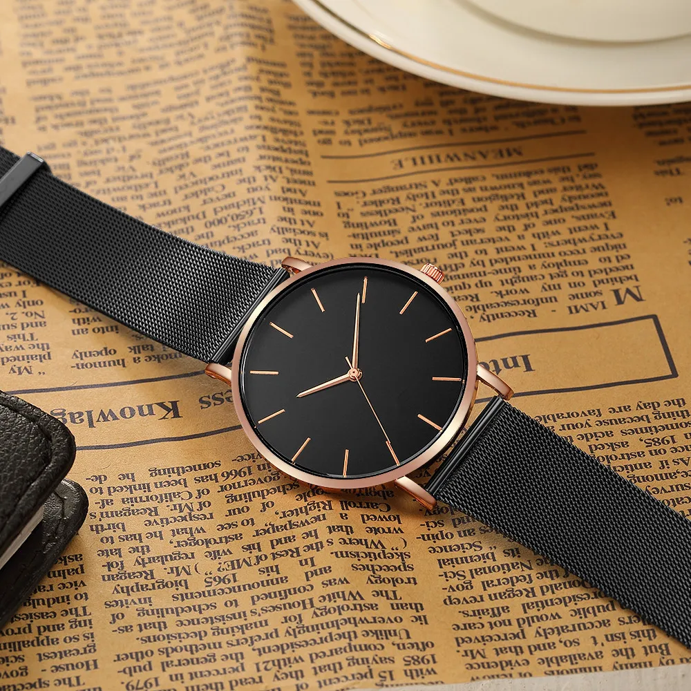 Модные простые тонкие часы мужские часы черные из нержавеющей стали с сетчатым ремешком кварцевые часы мужские повседневные часы часы мужские