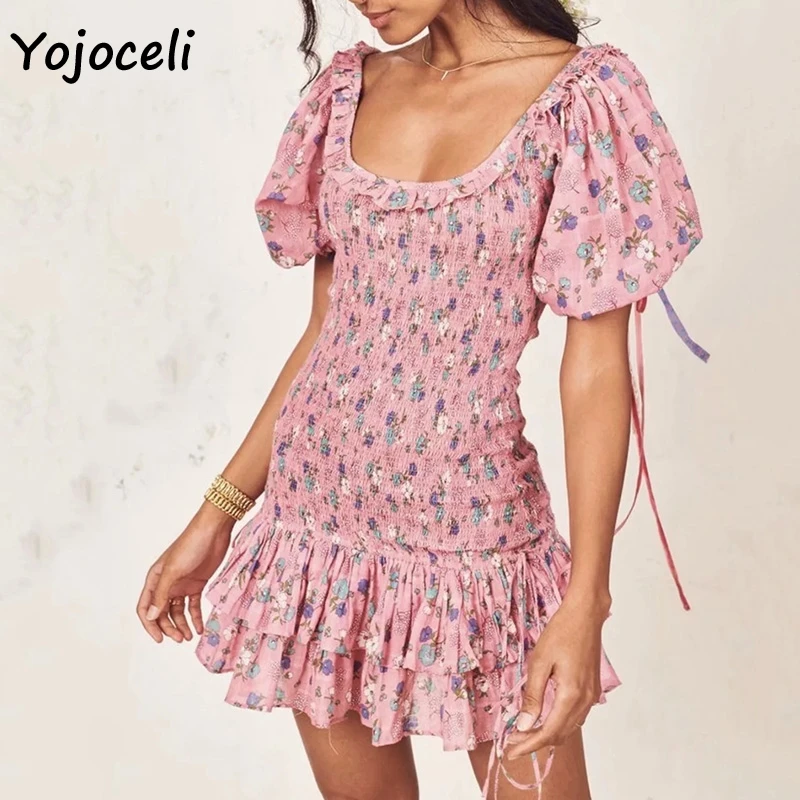 Yojoceli boho Цветочный Принт гофрированное платье для женщин с квадратным вырезом мини-платье с оборками Женское vestidos