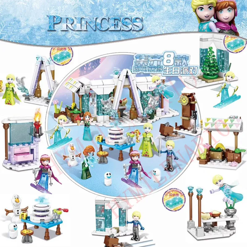 

8Pcs Girl Friends City Fairy Princess Anna Queen Elsa Kristoff Olaf Ice Castle Party Building Blocks Bricks Kits Toys