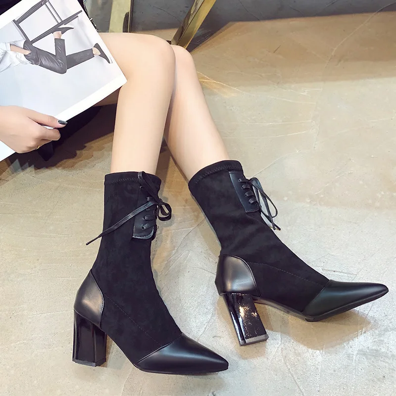 

NAUSK Smile Winter Women Mid-Calf Boots New Style Pointed Toe Solid Shoes Laies Fahsion Casual Lace-up Flock Women Shoes