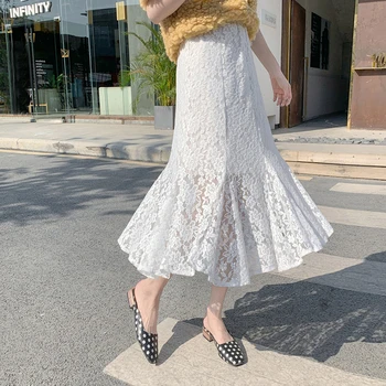 

Summer High Waist Skirt Lace White Vintage Fashion Elegant Lining Mermaid Skirts Womens Black Sexy Midi Korean Skater Jurken