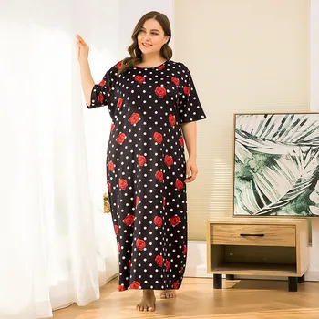 

New 2020 Summer Women Plus Size Home Dress Wear Longlarge Loose Short Sleeve Print Flower Midi Dress 4XL Home Clothes Sleepshirt