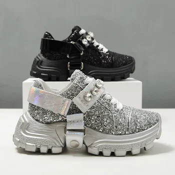 

Womens Sequins Bling Sliver Crystal Diamond Sneakers Lace Up Platform Hoof High Heel Genuine Leather Belt Buckle Shoes Luxury Q4