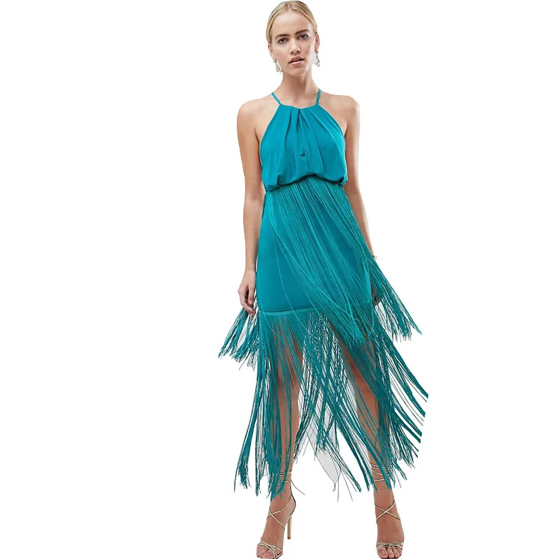 BGW Blue Halter Sleeveless Open Back Sexy Jersey Cocktail Dress With Tassel Sukienka Koktailowa