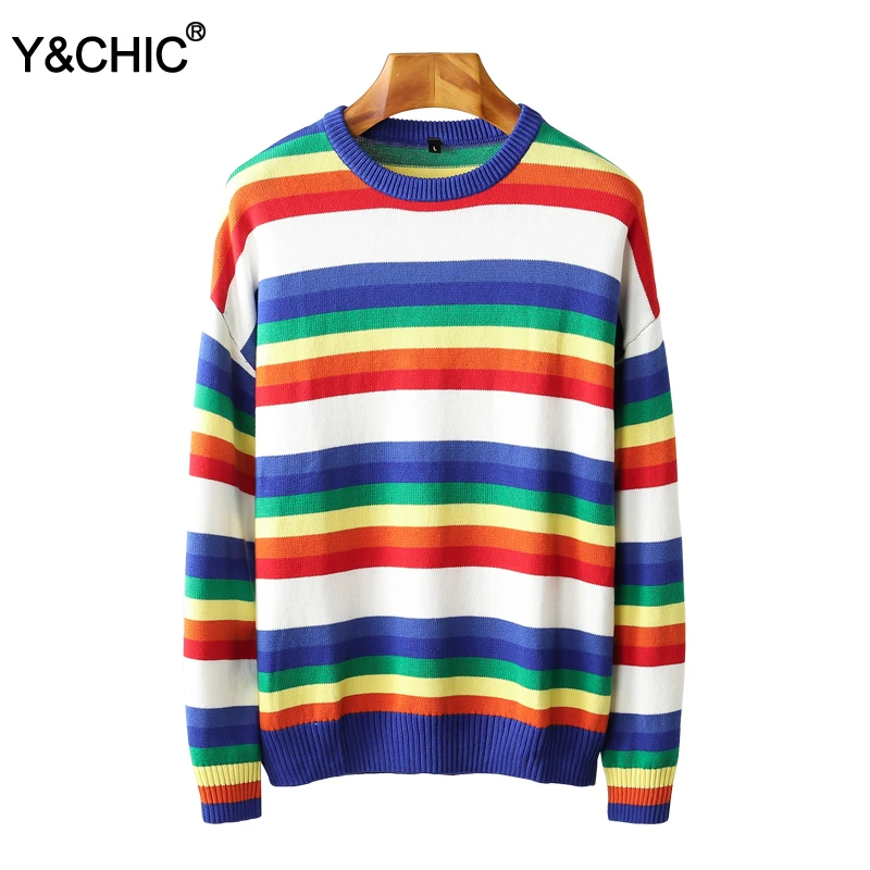 Y&CHIC, осенний мужской пуловер с длинным рукавом, радужная полоса, свитер с круглым вырезом, легко прилегающий, тонкий, хлопковый, вязаный
