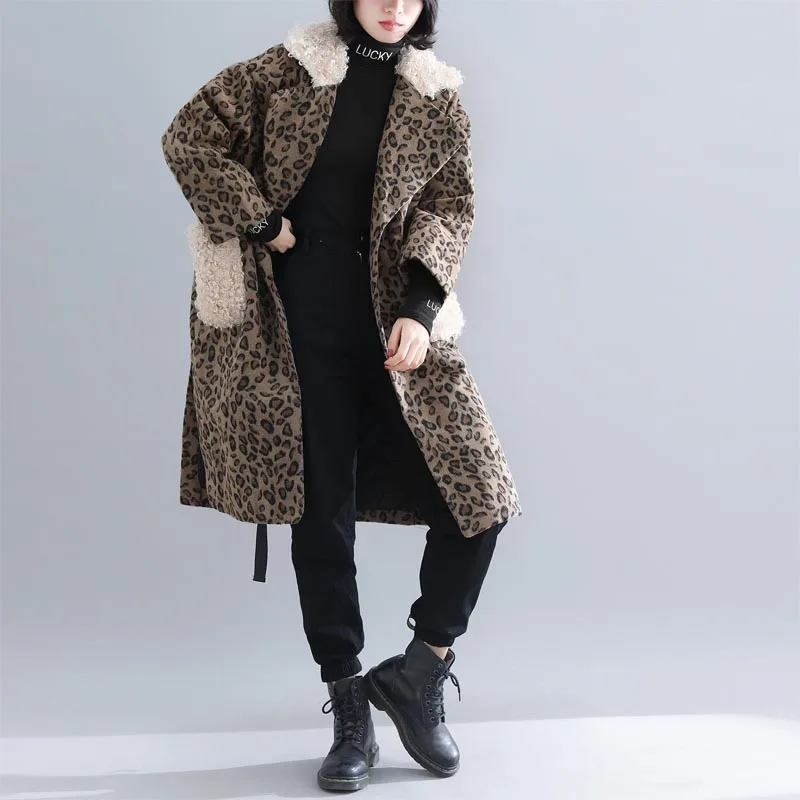#*Cheap Plus Size Thicken Leopard Women Jacket Woolen Coat 2019 Autumn Winter Fashion Long Sleeve Vintage Loose Long Fur Collar 5XL 6XL