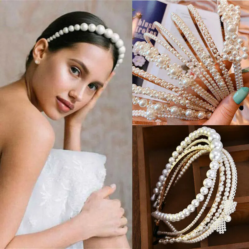 

Women's Pearl Headband Hair Clips Bride Tiara Alice Hair Band Elegant Wedding Headwear Crystal Hairband Hair Hoop Accessories