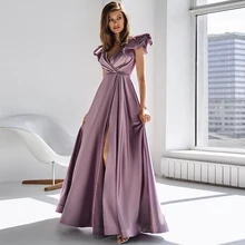 

Modern A-Line Cap Sleeve Prom Dresses 2022 Women's Satin V-Neck Side Slit Floor Length Pleats Evening Gowns Graduation Dresses