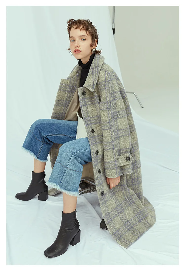 Abrigos mujer invierno, Женская Повседневная Свободная зимняя Длинная шерстяная куртка в клетку, шерстяное пальто, плотное теплое пальто casaco