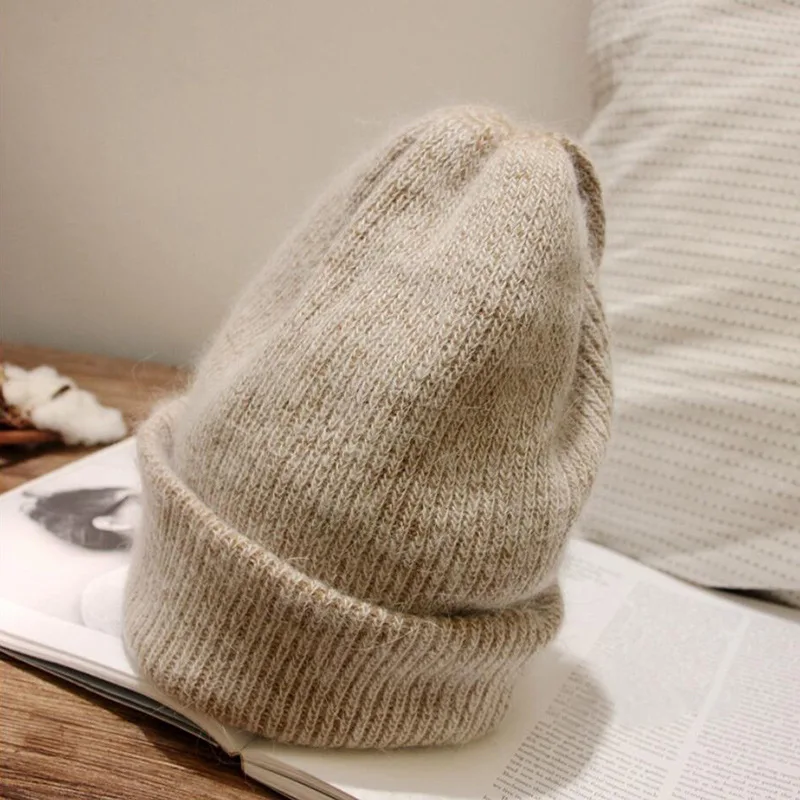 Khaki Geebro шапки из кроличьей шерсти зимние теплые одноцветные мешковатые шапки-Боб для женщин женские шапки-бини эластичные шляпы с бортами Мода - Цвет: Khaki