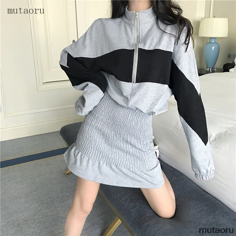 

2019 New Spring Autumn Women's Color Block Batwing Loose Sweatshirt Dress Students Casual Fake Two Piece Bodycon Mermaid Dress