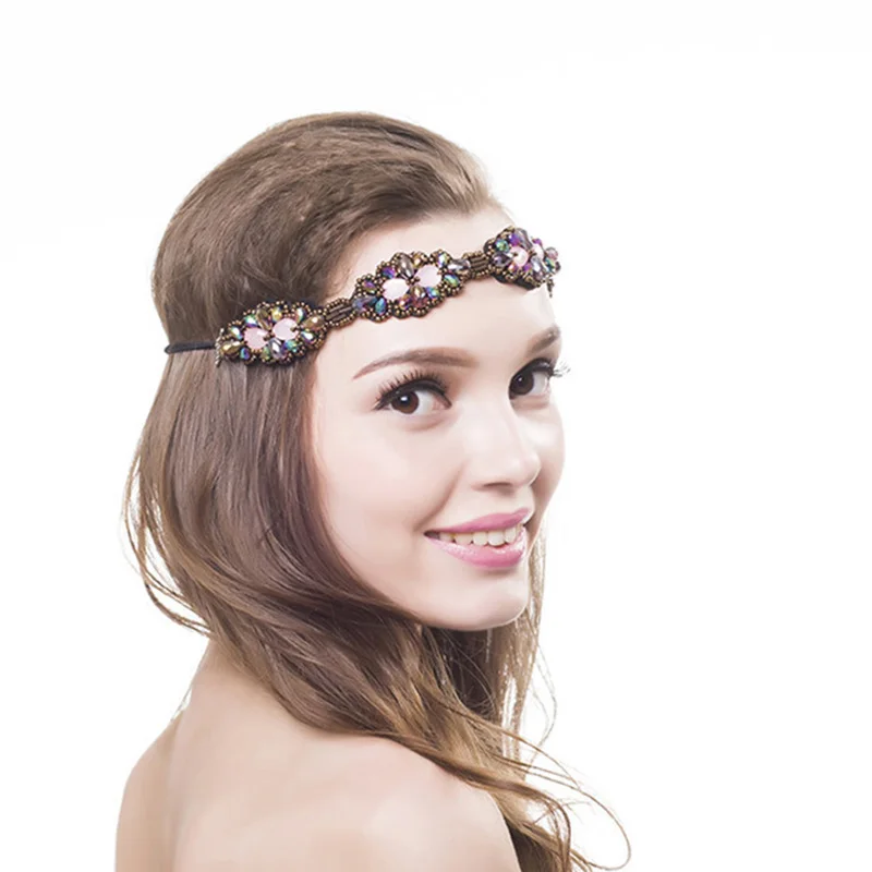 Fascia per capelli in stile bohémien per donne, bandana per capelli all'uncinetto per ragazze, fascia larga per capelli, con stampa floreale all'uncinetto