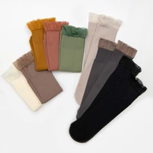 Новые кружевные гофрированные однотонные женские носки Модные Осенние эластичные цветные носки в Вертикальную Полоску удобные ворсовые Носки