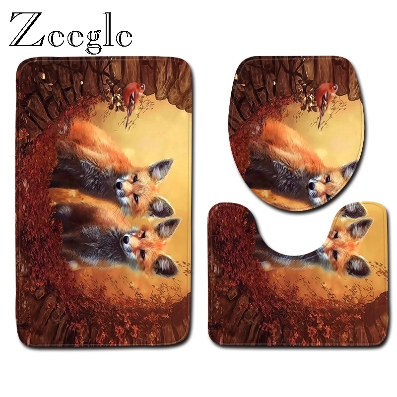 Zeegle 3D foxes Bathroom Toilet  Carpet Mat Doormat Toilet Entrance Mat Eco-Friendly Rugs for Home Decor Toilet U Type Bath Mat
