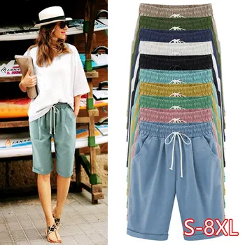 

Oversized Women Summer Cotton linen Shorts Casual Ladies Drawstring Elastic Loose Short Trousers Plus Size S-8XL