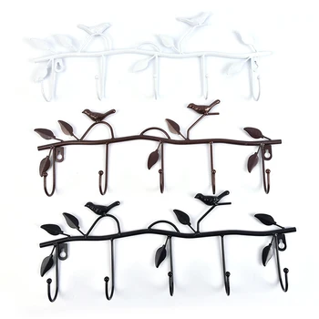 

Retro 5 Hooks Wrought Iron Bird Shape Hook Leaf Wall Robe Hanger Key Coat Holder