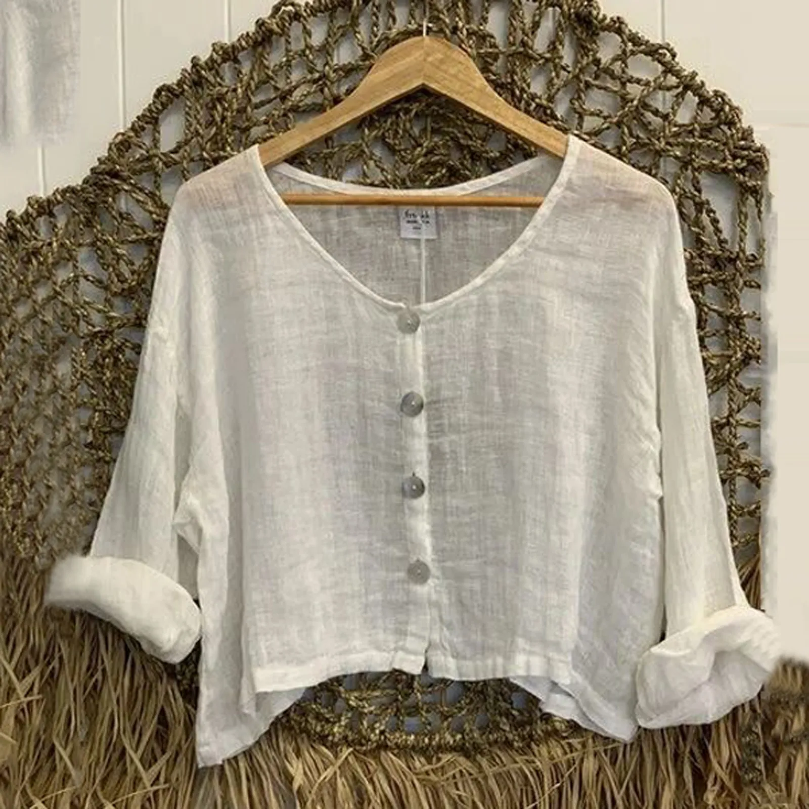 #40 blusas de mujeres botón lino fino Casual Camisa de manga larga de cuello redondo blusas Tops sueltas primavera elegante Casual рубашка