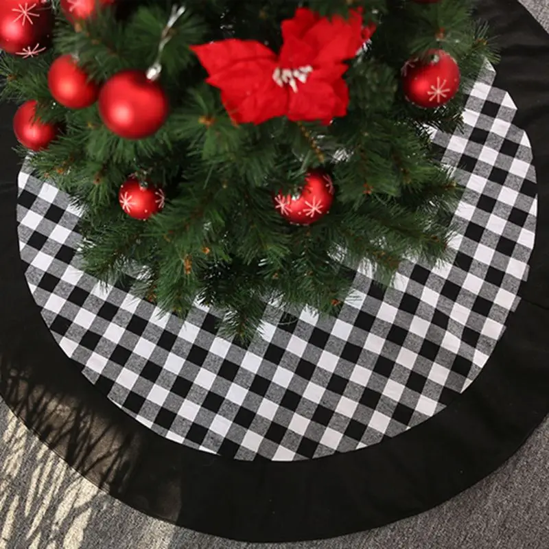 Christmas Tree Skirt Black White Plaid Base Floor Mat Cover Xmas Home Ornaments 