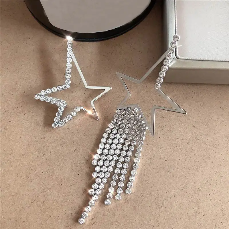 Luxury Rhinestone Star Tassel Big Earrings Women New Statement Party AB Earrings Jewelry