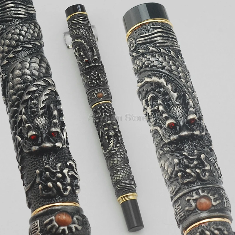 Ручка перьевая Jinhao металлическая серая двойная играющий дракон | Канцтовары для