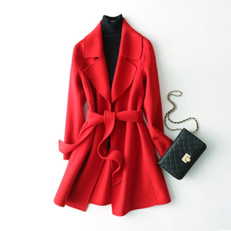 

double-sided autumn winter new 2020 cashmere coat female Slim long Korean version of the belt waist woolen coat