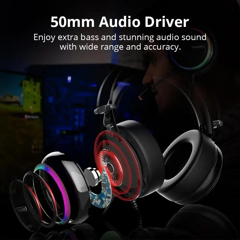 Игровая гарнитура Tronsmart Glary 7,1 Virtual Surround Sound стерео звук с цветное светодиодное освещение USB интерфейс микрофон для ПК