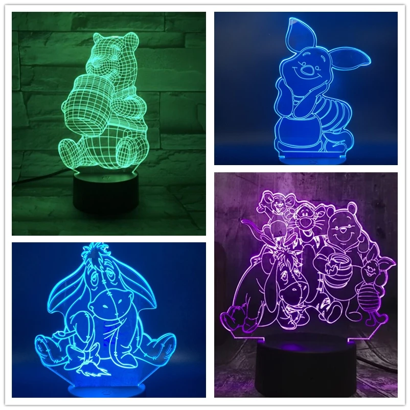 Disney Cartoon 3D Lamp Winnie The Pooh LED Night Light Pooh Bear Tigger Piglet Eeyore Bedroom Decor Lampara Child Kids Gifts Toy