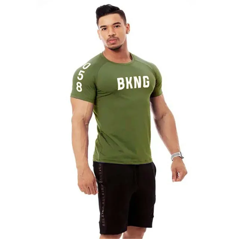 Мужские тренажеры фитнес бодибилдинг тонкая футболка мускул человек повседневные футболки с принтом Мужские тренировки дышащие эластичные футболки топы - Цвет: military green
