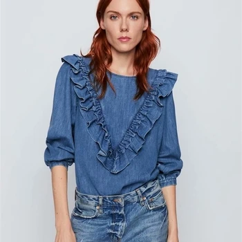 

denim women vintage blouse autumn o neck ruffled long sleeve shirts female chic tops