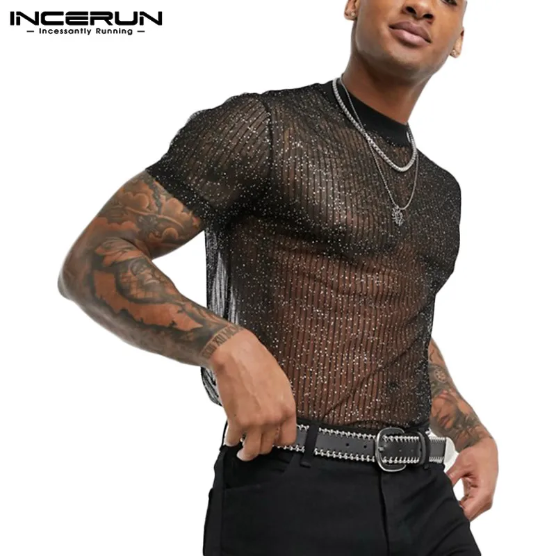 Camiseta T-Shirts Short-Sleeve Mesh Party INCERUN Sexy See-Through Shiny Breathable Fashion Men