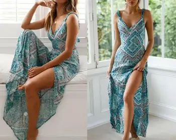 

Summer Women's Fashion Bohemian Long Dress Sexy Printed Backless Camisole Tights Beach Evening Cocktail Party Floral Beach Dress