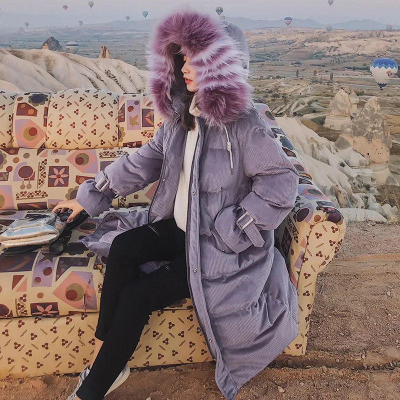 

Photo Shoot Main Push CHIC Sweet Mixed Colors Large Fur Collar Hooded down Coat Printed Article Velvet Long Cotton Overcoat Wome