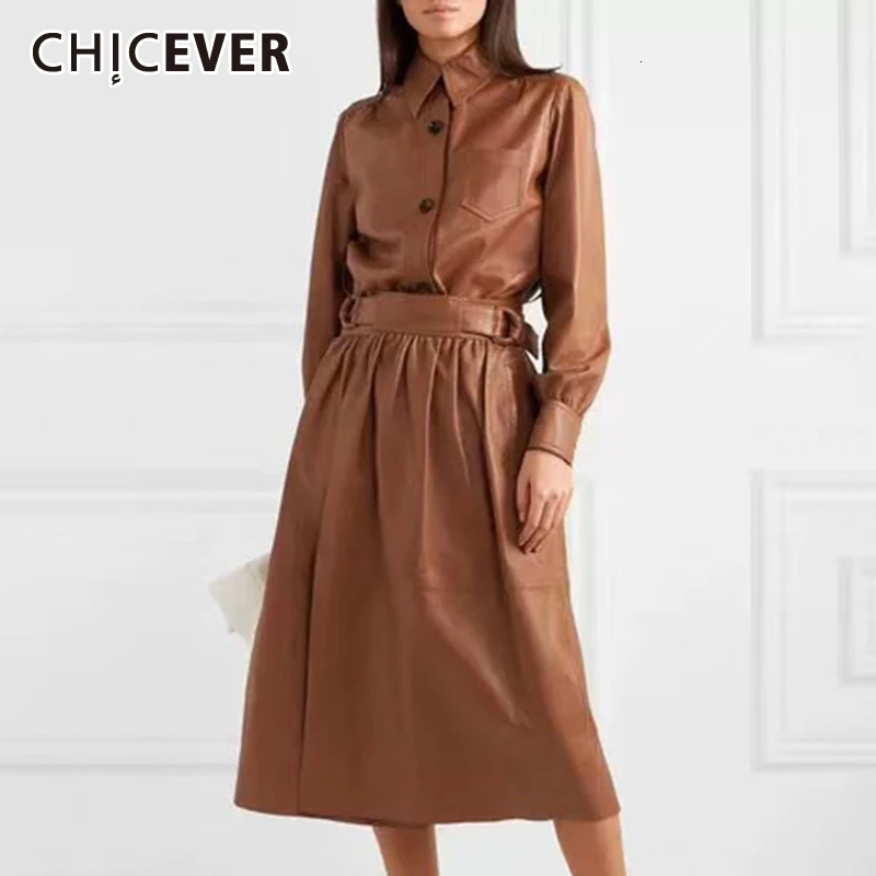CHICEVER/комплект из 2 предметов из искусственной кожи, женские рубашки с длинными рукавами и воротником с лацканами, с высокой талией и поясом, юбки, костюмы для женщин, осень
