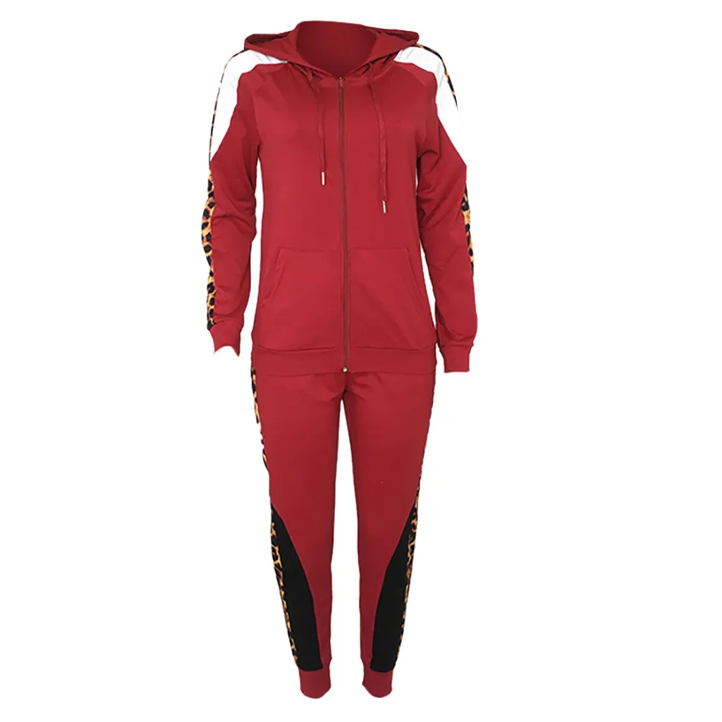womens tracksuit autumn winter Womens Leopard Print Long Sleeve And Pants Casual Hooded Zipper Set#D
