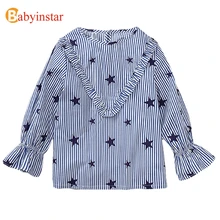 Babyinstar Блузка для девочек г. Новые осенние Рубашки в полоску с оборками детская одежда хлопковые топы, верхняя одежда, модные кружевные рубашки для девочек