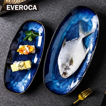 

Ceramic Plate Creative Japanese Style Dishes Kiln Change Cat Eye Blue Fish Plate Household Dinnerware Steamed Large Sushi Plate