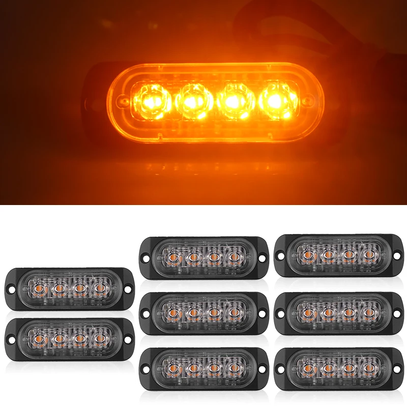 

8pcs Car Truck Warning Strobe Light Bar 18W DC 12V Yellow 4 LED Accessories Set 86*28*9.8mm